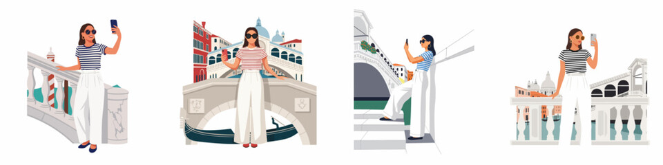 Set of flat vector illustrations depicting a stylish woman tourist taking selfies and capturing photos with her phone at famous landmarks in Venice, Italy. © Cici