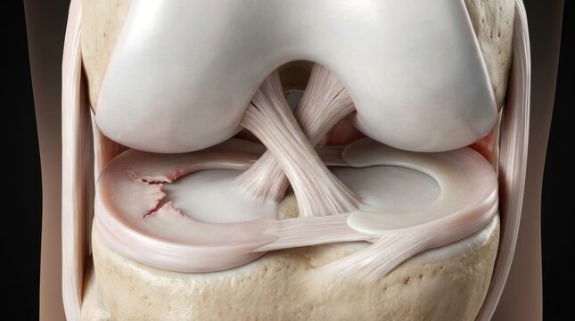 Close-up 3D rendering of a torn meniscus in the human knee joint