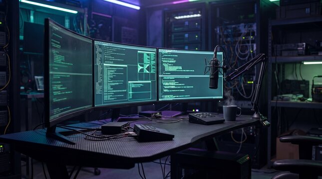Dark programmer room workstation with multiple monitors showing code and microphone