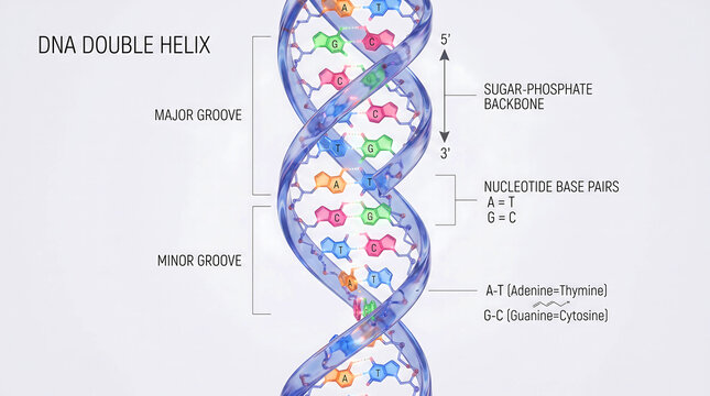 DNA double helix structure illustration showing nucleotide base pairs adenine thymine guanine cytosine with sugar phosphate backbone labels on a clean light grey studio background