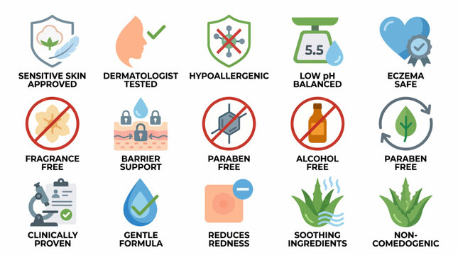 Modern vector badges showcasing key skincare product claims for sensitive skin, including hypoallergenic, dermatologist tested, and gentle, safe formulas