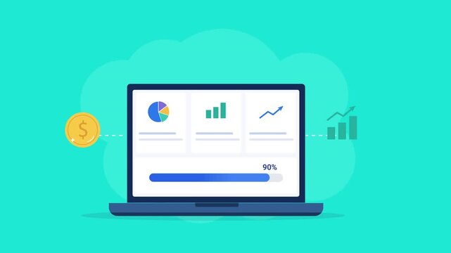 Modern flat vector animation of a laptop displaying a business analytics dashboard with charts, finance icons, and progress bar. Ideal for data analysis, software, fintech, and web technology projects
