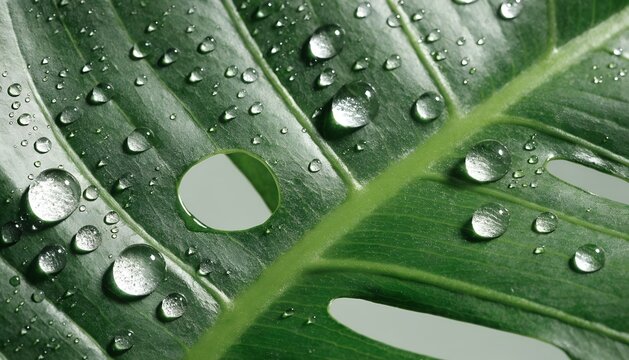 Close Up Dew Drops on Tropical Monstera Leaf with Natural Green Texture