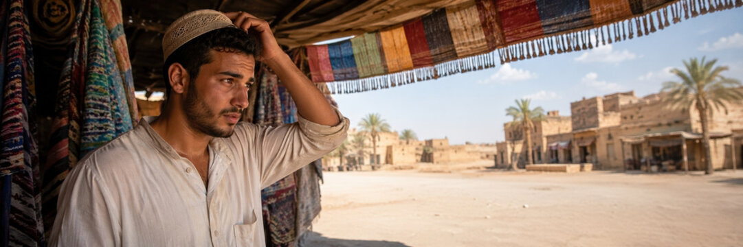 Young man in a traditional cap stands at a shaded market stall overlooking a sunlit desert town square. Rural market scene.