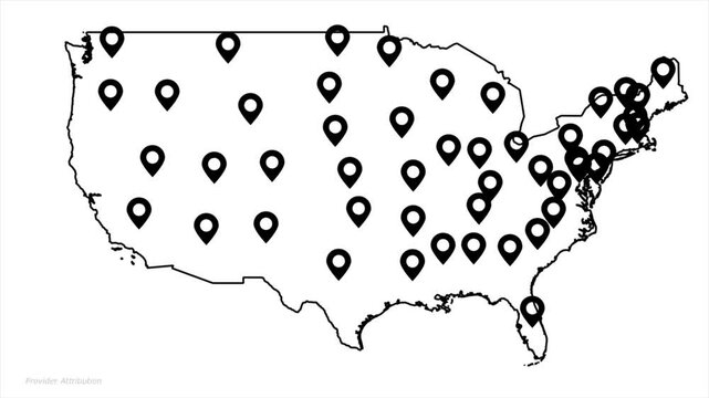 Minimalist USA map animation featuring multiple black location pin markers popping up across the United States on a white background