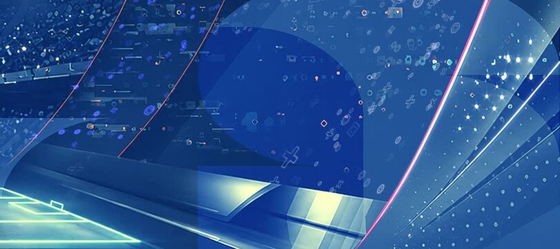 Blue Stadium Background Loop with Light Flashes and Empty Space on the Left. Seamless animated football stadium background featuring a futuristic blue sports arena illuminated by powerful spotlights 