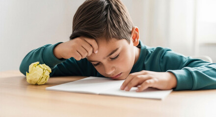 Naklejka premium Young boy with dark hair and light skin feeling frustrated doing homework at a wooden desk with crumpled paper.