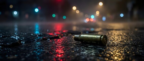 Spent bullet casing lies on wet asphalt street with colorful bokeh lights reflecting off rain-soaked pavement, creating moody urban crime scene atmosphere for film, gaming, or thriller projects. © Undersea