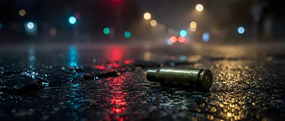 Spent bullet casing lies on wet asphalt street with colorful bokeh lights reflecting off rain-soaked pavement, creating moody urban crime scene atmosphere for film, gaming, or thriller projects. © Undersea