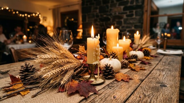 Rustic thanksgiving centerpiece with glowing candles and ears of wheat on a wooden table in a cozy indoor setting