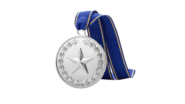 Shiny silver metal award medal featuring a star emblem and a textured blue ribbon hanging gracefully for a victory celebration isolated on transparent background