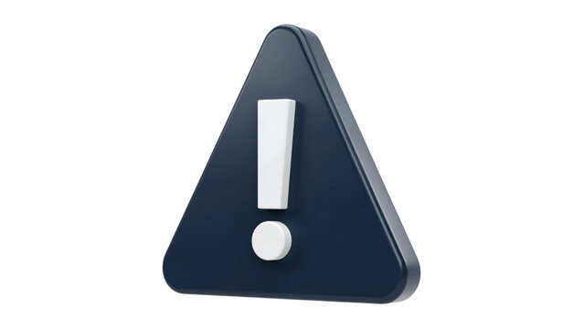 Three dimensional dark blue triangular warning sign featuring a bright white exclamation mark rendered in a clean modern minimalist style isolated on transparent background