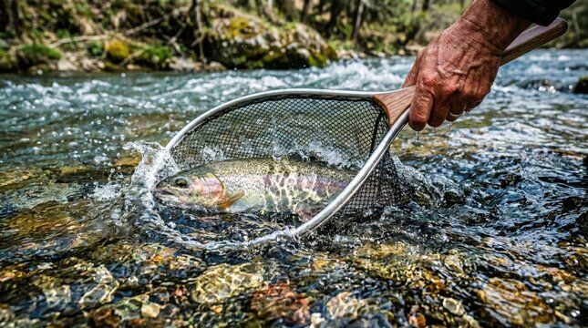 Action shot of an angler netting a trout in a shallow stream