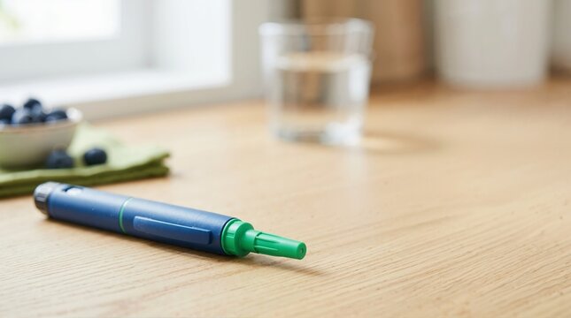 Blue insulin pen with green needle cap on a wooden table. Diabetes management and healthcare concept. Copy space for text