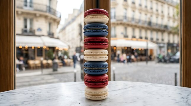 Stack of tricolor macarons in a Paris bakery window