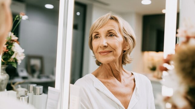 Senior woman looking at her reflection in mirror, smiling and feeling confident about natural beauty and self care