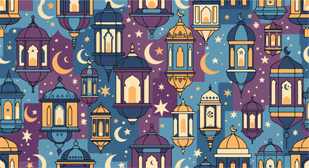 Colorful illustration of lanterns and crescent moons © Nasati