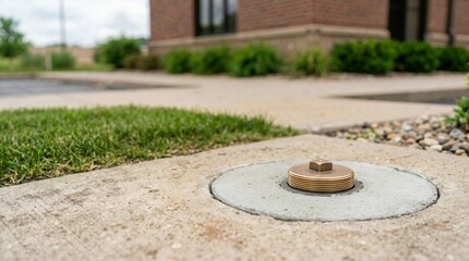 Obraz premium Brass sanitary sewer cleanout plug in a concrete pad. Ground level plumbing access point near a brick building