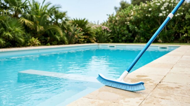 Blue pool cleaning brush with a long handle on the edge of a swimming pool. Summer backyard maintenance equipment