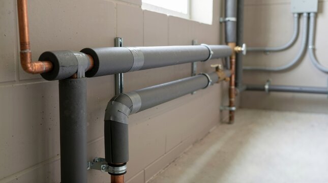 Copper plumbing pipes wrapped in dark grey thermal foam insulation. Energy efficiency measures in a basement utility room