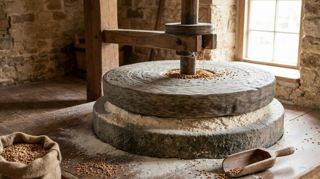 Traditional stone millstone grinding wheat grain into flour. Rustic agricultural food production concept
