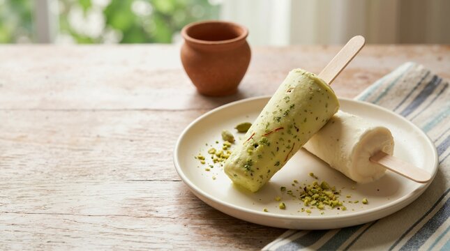 Traditional Indian kulfi frozen milk dessert on a stick. Ice cream garnished with pistachio and saffron