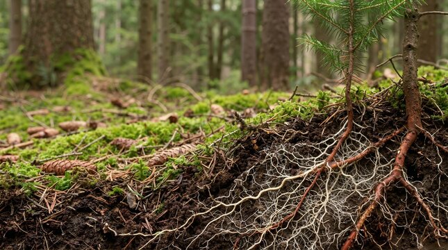 Cross section of coniferous forest soil showing a white mycorrhizal network. Underground fungal mycelium connected to pine tree roots below green moss