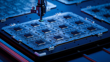 Close-up of Silicon Dies Attached to Substrate on During Computer Chip Manufacturing at a Fab....