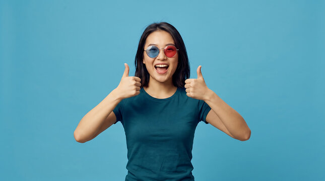 Woman Wearing Glow in the Dark Sunglasses Giving Thumbs Up Against Blue Background