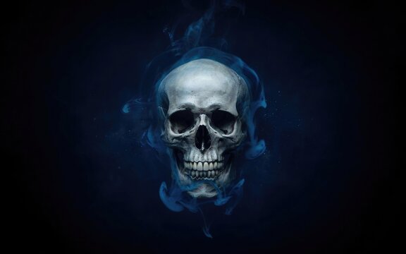 Dramatic skull with blue smoke halloween and gothic concept
