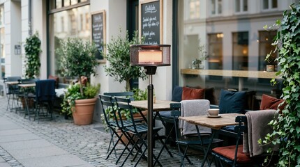 Fototapeta premium Glowing patio heater at an outdoor cafe seating area. Empty tables and chairs on a cobblestone street with a coffee cup. Urban restaurant terrace