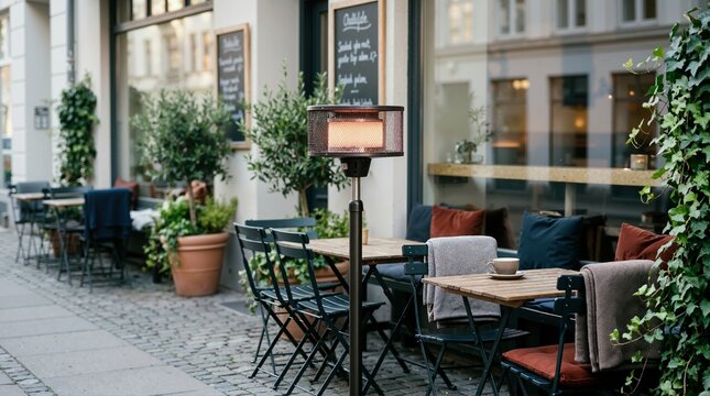 Glowing patio heater at an outdoor cafe seating area. Empty tables and chairs on a cobblestone street with a coffee cup. Urban restaurant terrace