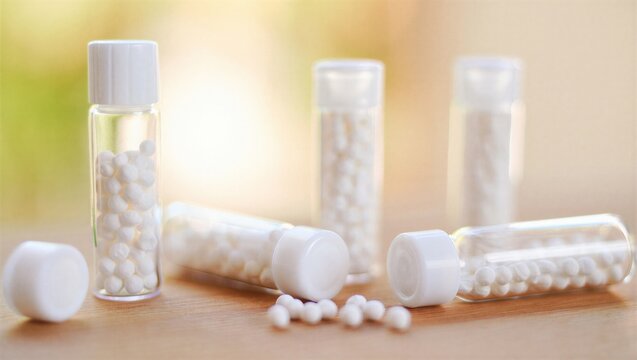 Clear glass vials filled with small white pellets are arranged on a wooden surface. Ideal for pharmaceutical or homeopathy concepts.