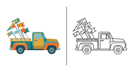 Fototapeta premium Vintage Pickup Truck with Colorful Flags and Outline Version
