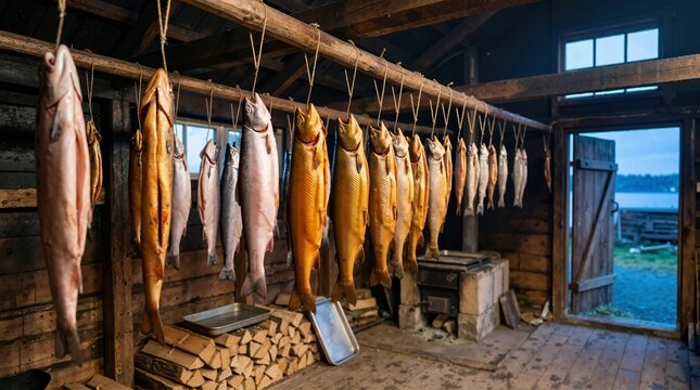 Traditional wooden smokehouse interior with hanging fish. Whole smoked salmon and trout curing over a wood fire stove. Rustic food preservation