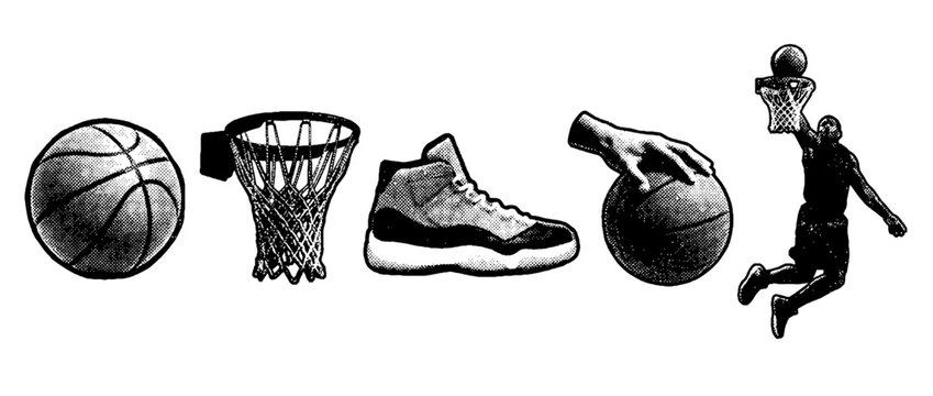 This image presents a collection of vector halftone sports elements related to basketball, showcasing iconic gear, dynamic poses, and action-oriented designs.