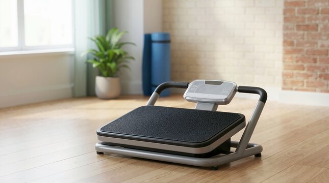Vibration plate exercise machine on a wooden floor in a home gym. Modern fitness equipment for indoor workout and wellness