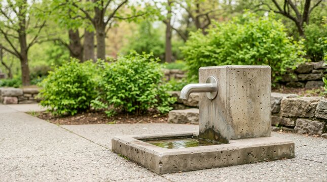 Public drinking water fountain with a metal spout on a concrete base. Outdoor hydration station in a green park