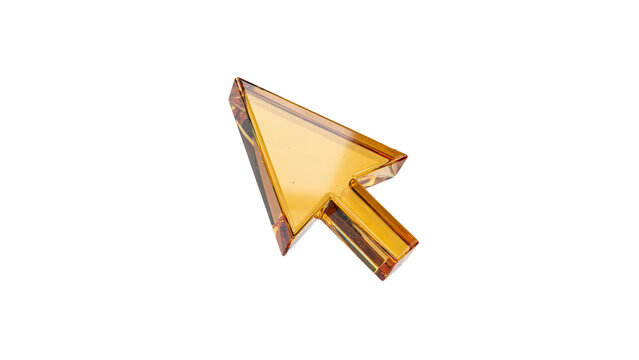 Shiny golden glass computer mouse cursor arrow with reflective surfaces and high quality refractive material rendering isolated for web design elements presented on transparent background