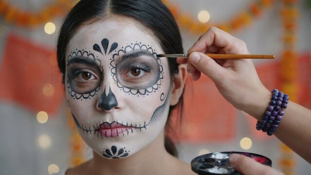 Woman getting sugar skull face paint for dia de los muertos celebration