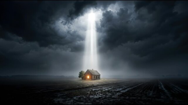 Beam of light descending from dark clouds onto a small solitary house in a wet field. Cinematic scene of mysterious celestial illumination night storm atmosphere.