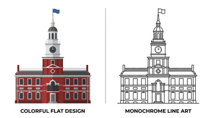 Colorful Flat Design vs Monochrome Line Art of Historical Building with Clock Tower © Pemancing