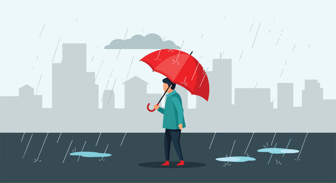 A man in a teal jacket holds a red umbrella on a rainy day