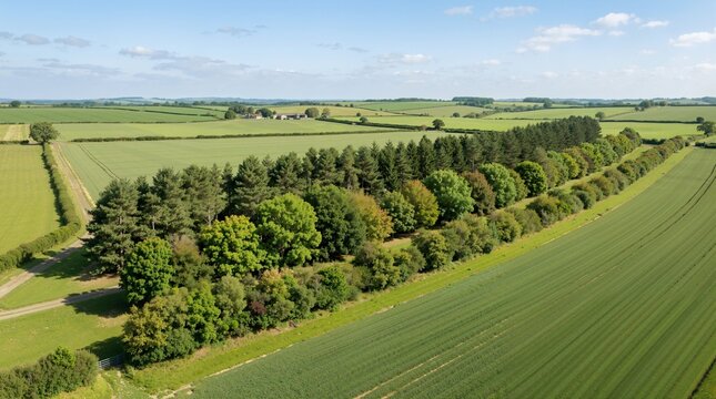 Shelter belt windbreak tree rows in agricultural fields. Aerial view of green farmland landscape