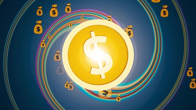 Dollar coin with swirling money bags background animation