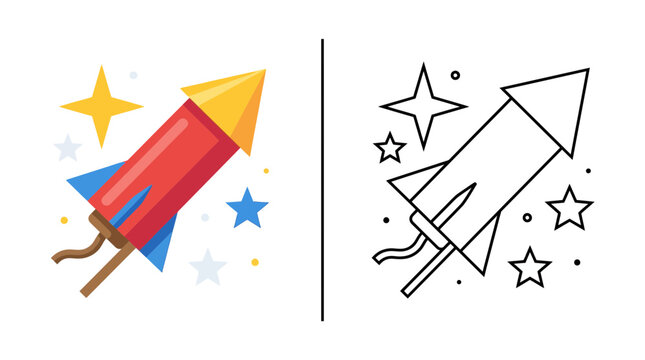 Colorful rocket and outline drawing with stars, celebration and creativity concept