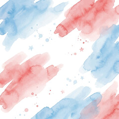 Fototapeta premium Watercolor Bastille Day brush background with soft blue and red paint washes and delicate patriotic stars