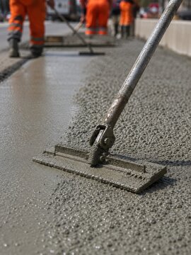 Construction workers in orange uniforms are smoothing freshly poured concrete on a street. Urban development and infrastructure work.