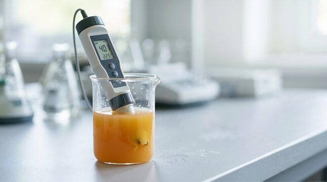 Digital pH meter testing the acidity of an orange liquid in a beaker. Scientific laboratory measurement device. Quality control analysis in lab
