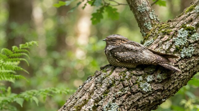 Nightjar bird camouflaged on a mossy tree branch. Wild avian resting on bark in a green forest background